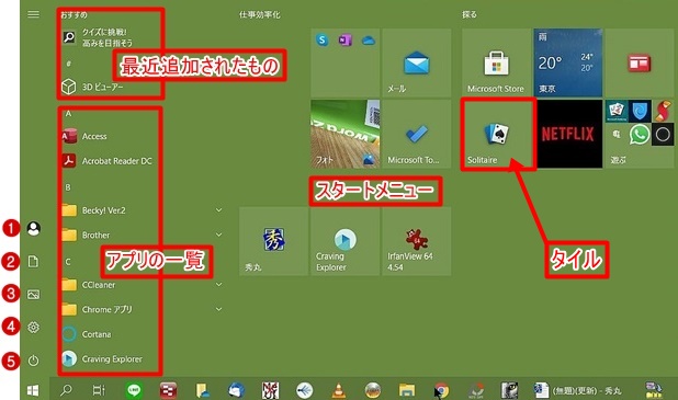 Windows 10スタートメニューの各部名称